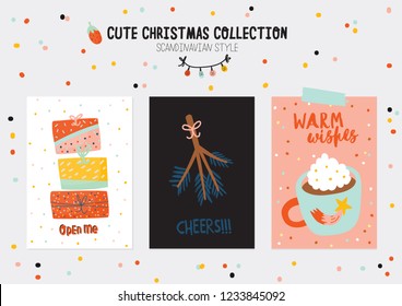 Christmas kit of cute winter postars and cards. New Year elements and holiday typography. Isolated. Scandinavian style illustration good for stickers, labels, tags, cards, posters. Vector