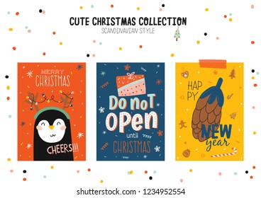 Christmas kit of cute winter postars and cards. New Year elements and holiday typography. Isolated. Scandinavian style illustration good for stickers, labels, tags, cards, posters. Vector