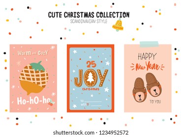 Christmas kit of cute winter postars and cards. New Year elements and holiday typography. Isolated. Scandinavian style illustration good for stickers, labels, tags, cards, posters. Vector