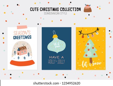 Christmas kit of cute winter postars and cards. New Year elements and holiday typography. Isolated. Scandinavian style illustration good for stickers, labels, tags, cards, posters. Vector