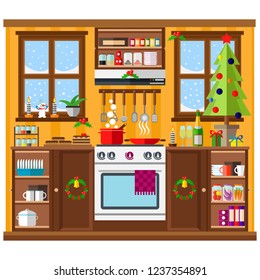 Christmas kitchen interior, cooking delicious food to celebrate Christmas and new year. Winter holidays, vector illustration.
