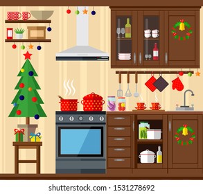 Christmas kitchen interior, cooking delicious food to celebrate Christmas and new year. Winter holidays, vector illustration.