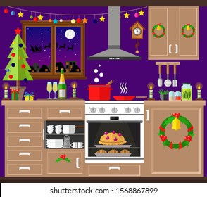 Christmas kitchen interior, cooking delicious food to celebrate Christmas and new year. Winter holidays, vector illustration.