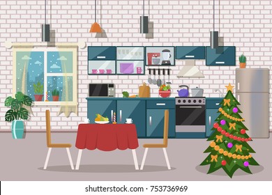 Christmas kitchen interior. Flat design