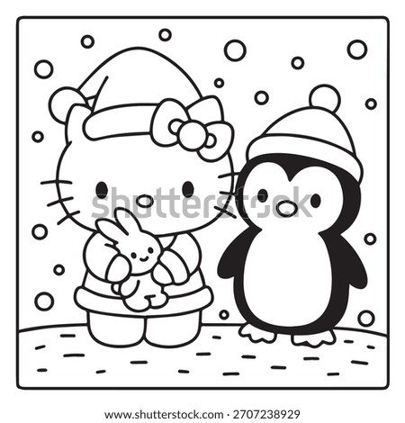 Christmas Kitty and Penguin Coloring Page – Cute holiday scene for kids to color. A cozy winter illustration featuring a festive kitten and a penguin in warm hats.