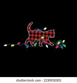 Christmas kitty, in a plaid pattern, with Christmas garlands. Template design