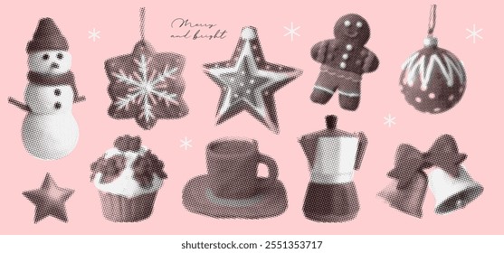 Christmas knick-knacks set in monochrome dotted halftone grainy stippling style. Set retro graphic sweet elements with photocopy grunge effects. Pop art vector illustration.