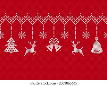 Christmas Knit Background. Red Border With Reindeer, Tree, Snowflake And Bell. Knitted Seamless Texture. Xmas Festive Pattern. Holiday Fair Isle Traditional Print. Vector Illustration.