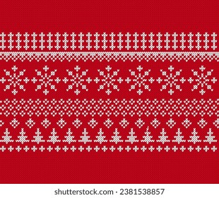 Christmas knit background with trees and snowflakes. Holiday seamless pattern. Festive winter ornament. Knitted sweater print. Xmas geometric border. Fair isle traditional texture. Vector.