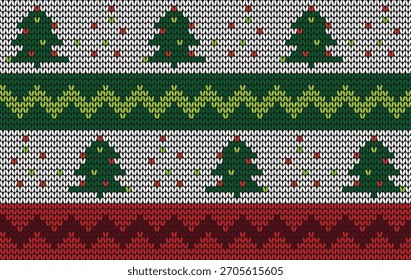 Christmas knit up border pattern with festive tree motifs and red accents provides a seamless winter holiday design for textile or graphic use. This traditional scandinavian vector illustration