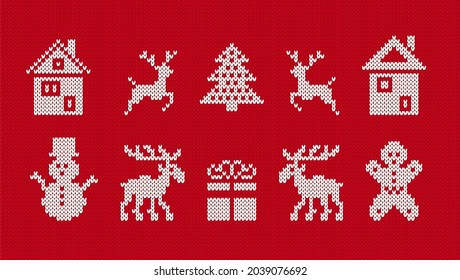 Christmas knit elements on seamless pattern. Sweater xmas ugly ornament. Knitted print with deer, gingerbread man, tree, snowman, gift box. Red textured border. Vector illustration.