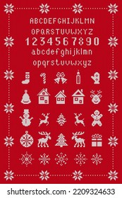 Christmas knit font and design elements. Red Xmas texture. Fairisle ornament with type, snowflake, deer, bell, tree, snowman, gift box, candle. Knitted borders. Sweater print. Vector illustration.