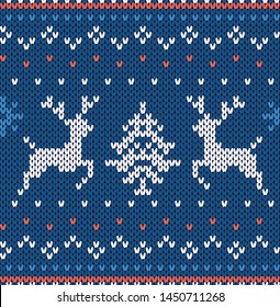 Christmas knit geometric background with moose in blue colors. Knitted textured background. Knitted pattern for a sweater in fair Isle style with elk. Vector illustration.