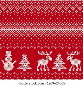 Christmas knit geometric ornament with elks, christmas trees and snowmen in a row. Knitted textured background.