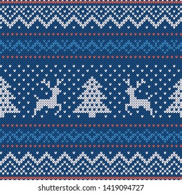 Christmas knit geometric ornament with elks and christmas trees in a row. Knitted textured background. Knitted seamless pattern for a sweater in fair Isle style with elk. Vector illustration.