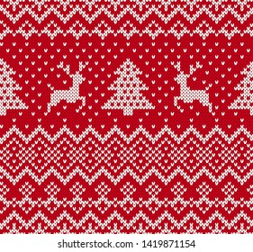 Christmas knit geometric ornament with elks and christmas trees in red and white color. Knitted textured background. Knitted seamless pattern for a sweater in fair Isle style with elk. Vector illustra