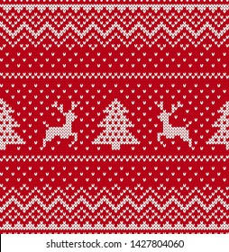 Christmas knit geometric ornament with elks and christmas trees in red and white color. Knitted seamless pattern for a sweater in fair Isle style with elk. Vector illustration.