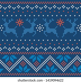 Christmas knit geometric ornament with moose in blue colors. Knitted textured background. Knitted pattern for a sweater in fair Isle style with elk. Vector illustration.