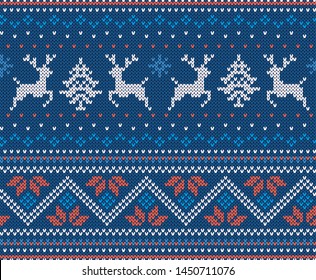 Christmas knit geometric ornament with moose. Knitted textured background. Knitted pattern for a sweater in fair Isle style with elk. Vector illustration.