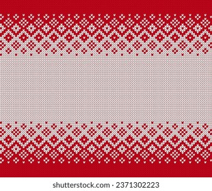 Christmas knit ornament. Holiday seamless pattern. Knitted red sweater print. Xmas geometric border. Fair isle traditional texture. Vector.