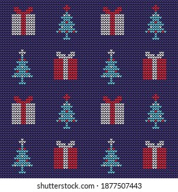 Christmas knit pattern with gifts. Knitted ornament with Christmas tree. Vector illustration.