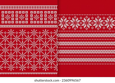 Patrón de cuchillos de Navidad Xmas de punto sin costura. Impresión roja de invierno festiva. Textura de sudor con copos de nieve. Conjunto de adornos tradicionales de ferias de vacaciones. Ilustración vectorial.