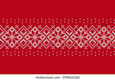Christmas knit pattern. Red seamless border for sweater. Knitted texture. Xmas festive background. Holiday fair isle traditional print. Ornament with flowers. Vector illustration.