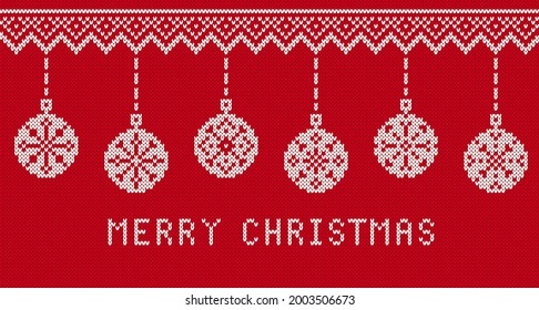 Christmas knit pattern. Red seamless border with balls. Knitted texture. Xmas ugly background. Holiday festive ornament. Fair isle traditional print. Vector illustration.