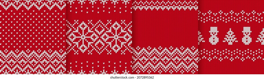 Christmas knit pattern. Seamless print. Set Red knitted sweater textures. Fair isle traditional geometric background. Holiday winter ornament. Festive crochet. Wool pullover frame. Vector illustration