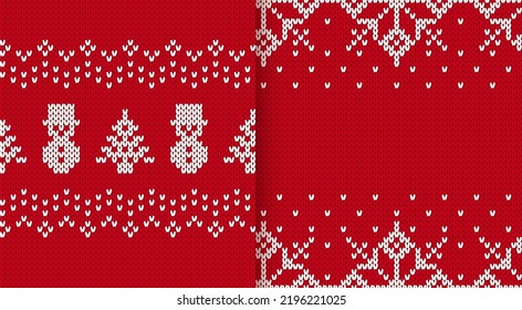 Christmas knit pattern with snowman and tree. Fair isle traditional geometric background. Seamless knitted sweater textures. Set of red Xmas prints. Holiday winter ornament. Vector illustration