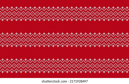 Christmas knit print. Seamless border. Vector. Red knitted pattern. Sweater texture. Fair isle traditional geometric background. Holiday Xmas ornament. Festive crochet. Wool pullover illustration