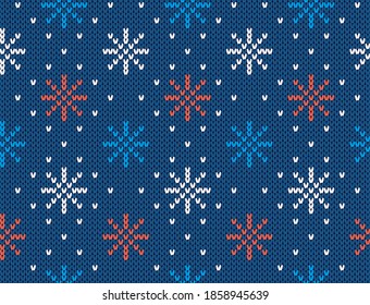 Christmas knit print. Seamless pattern with snowflakes. Vector. Blue knitted sweater texture. Xmas geometric background. Holiday fair isle traditional ornament. Wool illustration. Festive pullover