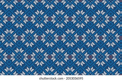 Christmas Knit Print. Seamless Pattern. Vector. Blue Knitted Sweater Texture. Xmas Geometric Background. Holiday Fair Isle Traditional Ornament. Festive Pullover. Wool Illustration.