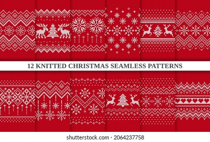 Christmas knit print. Seamless pattern. Set Red knitted sweater textures. Fair isle traditional geometric background. Holiday winter ornament. Festive crochet. Wool pullover frame. Vector illustration