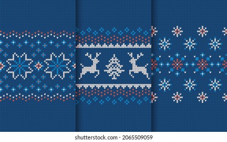 Christmas knit prints. Seamless pattern. Blue knitted border. Sweater texture. Fair isle traditional geometric backgrounds. Holiday ornaments. Festive crochet. Wool pullover frame. Vector illustration