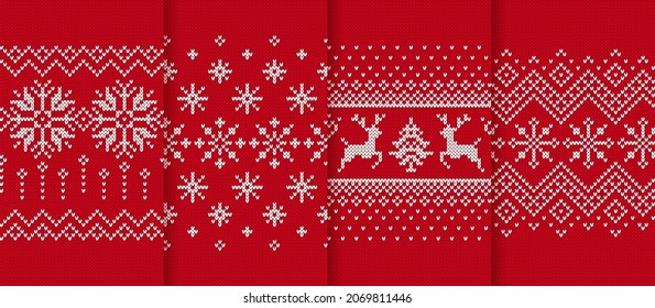 Weihnachtsstrickdrucke. Nahtloses Muster. Rot gestrickte Ränder. Sweater Winter Texturen. Fairer, traditioneller Hintergrund. Feiertagsschmuck. Festlicher Häkchen. Wollpullover-Rahmen. Vektorgrafik