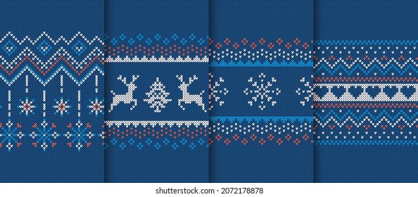 Christmas knit prints. Seamless pattern. Blue knitted border. Sweater ugly texture. Fair isle traditional backgrounds. Set holiday ornaments. Festive crochet. Wool pullover frame. Vector illustration