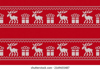 Christmas knit seamless pattern with deers and gift box. Red print. Knitted sweater background. Xmas geometric texture. Holiday fair isle traditional border. Festive ornament. Vector illustration