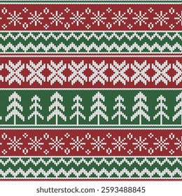 Christmas knit seamless pattern. Fair isle ornament with snowflake christmas tree. Festive Xmas ugly sweater. Vector illustration for Knitted print.