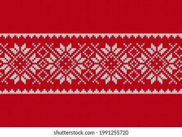 Christmas knit seamless pattern. Red knitted sweater texture. Xmas festive background. Holiday fair isle traditional print. Ornament with flowers. Geometric wool pullover. Vector illustration.