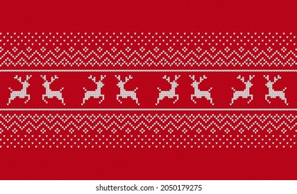 Christmas knit seamless pattern. Red print with reindeers. Xmas geometric texture. Knitted sweater background. Festive traditional border. Holiday fair isle ornament. Vector illustration