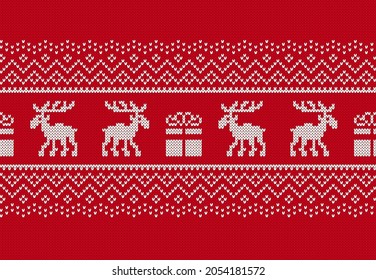 Christmas knit seamless pattern. Red print with deers and gift box. Knitted sweater background. Xmas geometric texture. Holiday fair isle traditional border. Festive ornament. Vector illustration