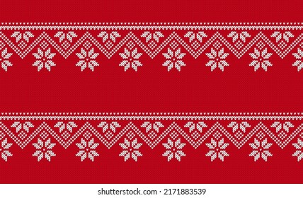 Christmas knit seamless pattern. Red knitted print background with zigzag and snowflkes. Xmas winter texture. Holiday fair isle traditional ornament. Wool backdrop. Vector illustration.