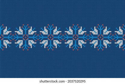 Christmas knit seamless pattern. sweater texture with flowers. Xmas festive background. Blue knitted print. Holiday fair isle traditional ornament. Geometric wool pullover. Vector illustration.
