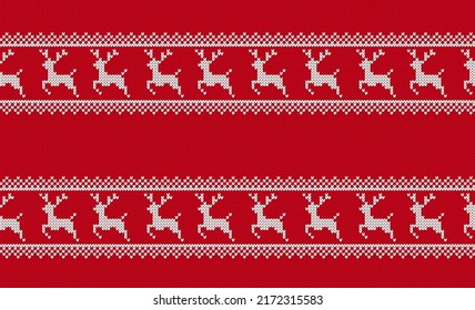 Christmas knit seamless pattern. Xmas geometric texture. Knitted sweater background. Red print with reindeers. Festive traditional border. Holiday fair isle ornament. Vector illustration