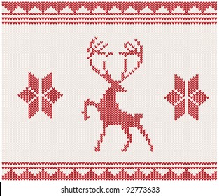 Christmas Knitted background with deer  and ornament. Christmas concept for banner, placard, billboard or web site. New Year retro greeting card and background. Image for invitation