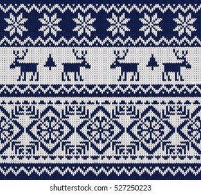 
Christmas Knitted background 
with deer. Scandinavian winter 
knitted pattern with deer, 
trees and ornament. Vector 
illustration.