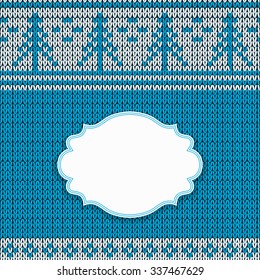 Christmas knitted background with frame. Vector illustration.