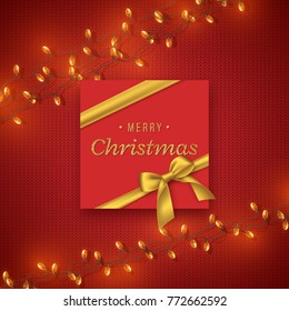 Christmas knitted background with golden bow and garland, glitter text. Decorative elements for Christmas holiday background. Vector illustration.