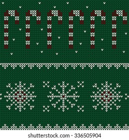 Christmas knitted background with snowflakes and Candy Cane. Vector illustration.